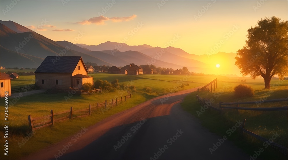 Sunset over a rural road leading to a farmhouse in the mountains