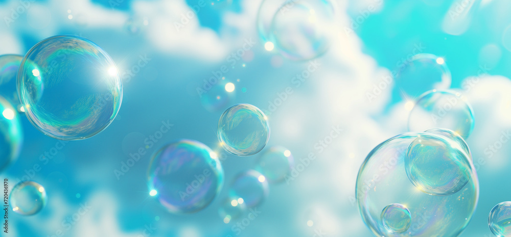 Glistening bubbles. Playful soap suds. Shimmering water orbs. Vibrant and iridescent bubbles.
