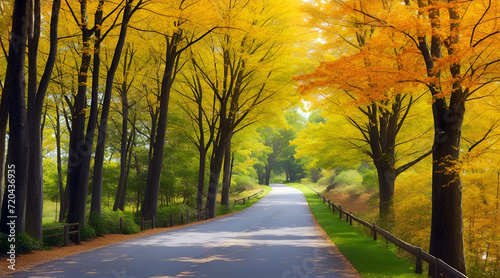 Autumn road in the park. Beautiful autumn landscape with road