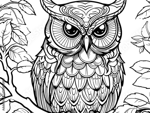 Wild bird, owl sits on a tree branch surrounded by leaves. Vector generative AI, black lines