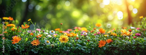 Colorful spring flowers at sunset, banner photo