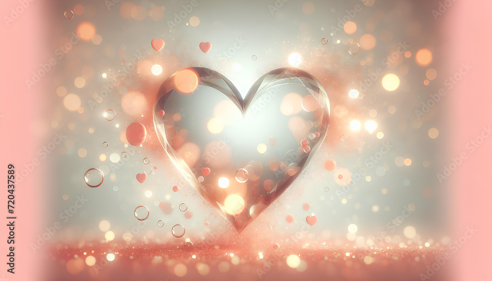 a large heart in a modern style against an abstract soft peach fuzz background of bokeh lights and blurred spots of color on a light background, using heart shapes