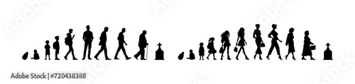 Vector illustration. Silhouette of growing up man from baby to old age. Many people of different ages in a row.	