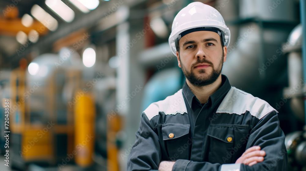 Heavy industry worker wearing hard hat and safety uniform. The engineer carries out maintenance operations on the factory machinery.