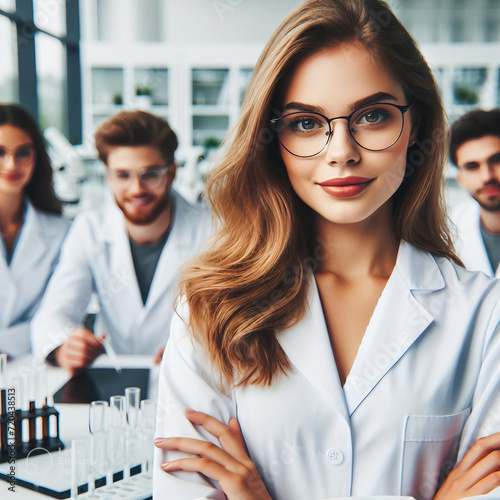 Beautiful young woman scientist wearing white coat and glasses in modern Medical Science Laboratory with Team of Specialists on background.