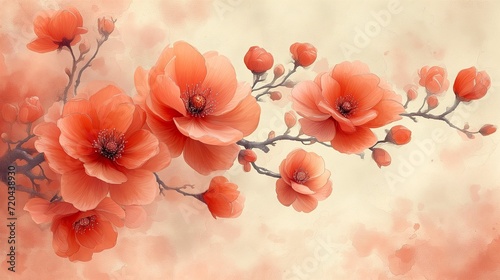 Vintage Floral Elegance: Delicate Flowers on a Peach Fuzz Background in Soft Hues, Creating a Timeless and Elegant Design