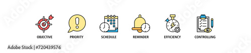 Time management banner web icon set vector illustration concept with icon of objective, priority, schedule, reminder, efficiency, alerts, and controlling