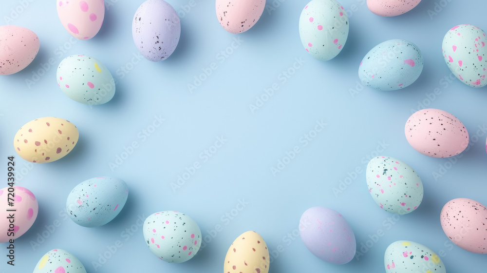 Pastel-colored Easter eggs form a frame around a pastel background. Space for text. Concept for Easter card or wallpaper.