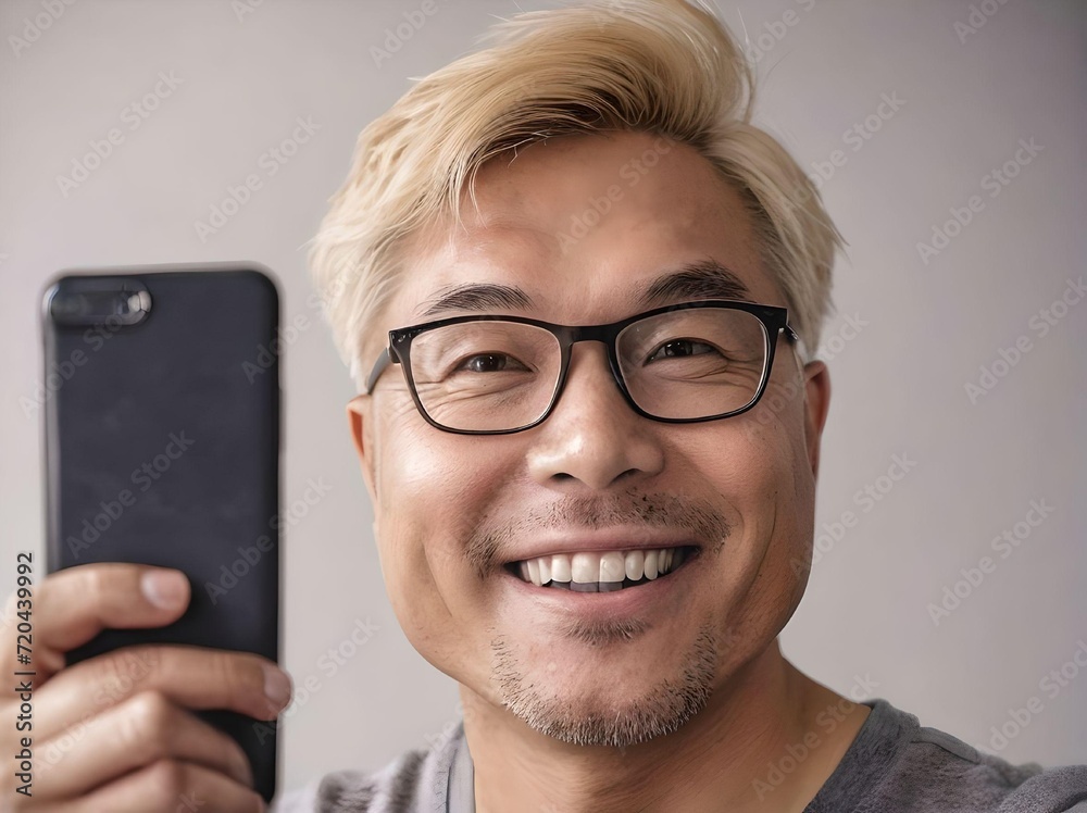 Chubby Blonde Asian Guy with Glasses Looking at Camera Holding Vertical Smartphone Concept Chubby Blonde Asian Guy with Glasses Looking at Camera Holding Vertical Smartphone Concept