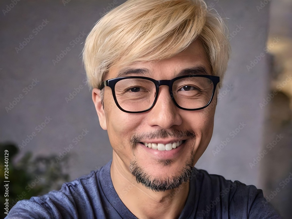 Blonde Asian Guy with Glasses and Facial Hair Smiling Looking at Camera Selfie Blonde Asian Guy with Glasses and Facial Hair Smiling Looking at Camera Selfie