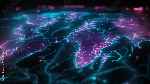 A striking neon map of the world highlighting the digital hubs and hotspots that have transformed our way of life. photo