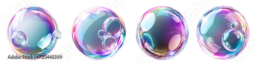 realistic transparent colorful soap bubbles with rainbow reflection isolated