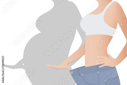 A woman in jeans shows how she has lost weight, is on a diet, has a thin body, a sporty flat stomach, and an ideal waist. Female figure