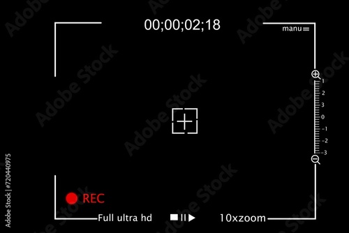 Digital camera viewfinder display with recording time ultra HD resolution indicator and zoom level on a black background.