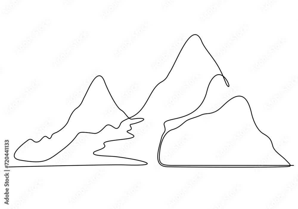 One continuous line drawing of mountain landscape. Web banner with mounts and high peaks in simple linear style. Winter sport adventure and hiking tourism concept. Vector illustration One continuous line drawing of mountain landscape. Web banner with mounts and high peaks in simple linear style. Winter sport adventure and hiking tourism concept. Vector illustration