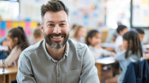 Happy male elementary school teacher. Students are in classroom behind him in a blurry background. Fun and enjoyable learning, love for education concept.