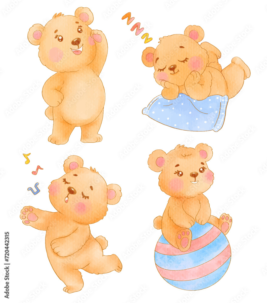 Watercolor cute bear cartoon character design collection with different on white background. Vector illustration Watercolor cute bear cartoon character design collection with different on white background. Vector illustration