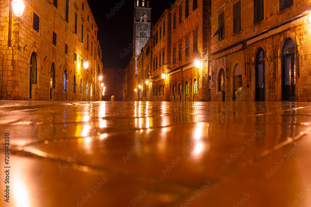 Dubrovnik Croatia, old city streets at night with no people walking on the street
