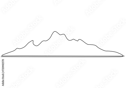 One continuous line drawing of mountain landscape. Web banner with mounts and high peaks in simple linear style. Winter sport adventure and hiking tourism concept. Vector illustration