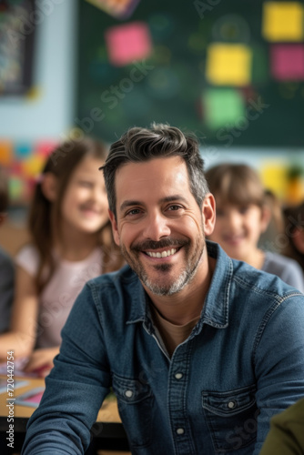 Happy male elementary school teacher. Students are in classroom behind him in a blurry background. Fun and enjoyable learning, love for education concept. © Synaptic Studio