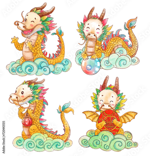 cartoon character dragons design for Chinese new year 2024  year of the dragon. Animal holidays cartoon character set.