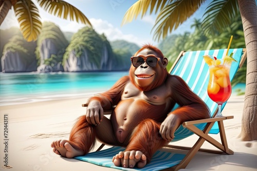 Cute 3D  monkey character in sunglases with a cocktail, embodying vacation and relaxation at sandy beach at sunny day. photo