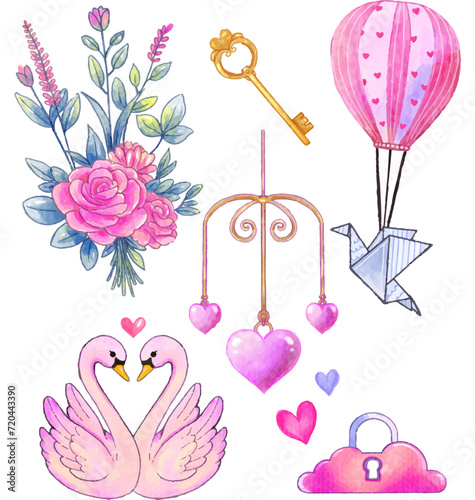 A charming set of watercolor illustrations featuring lovebirds, floral bouquet, vintage key, heart balloons, and whimsical accents.