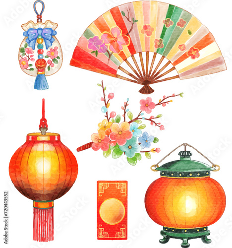 A vibrant set of watercolor painted Asian elements including a fan, lanterns, and floral decoration. Perfect for cultural and festive-themed projects.