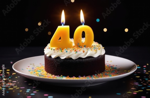birthday cake with buttercream, lighted candle in shape of number fourty on black backdrop