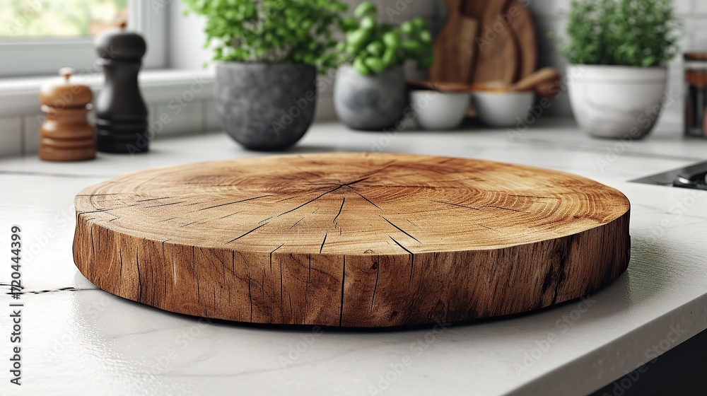Fototapeta premium Round wooden board sits empty on a white stone kitchen