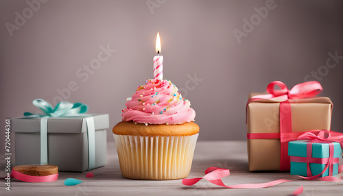 Birthday cupcake with candle and gift box