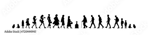 Vector illustration. Silhouette of growing up man from baby to old age. Many people of different ages in a row.