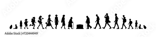 Vector illustration. Silhouette of growing up man from baby to old age. Many people of different ages in a row.