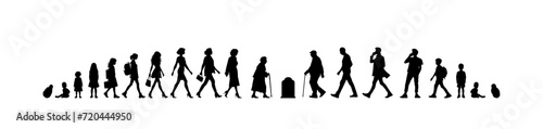 Vector illustration. Silhouette of growing up man from baby to old age. Many people of different ages in a row. photo