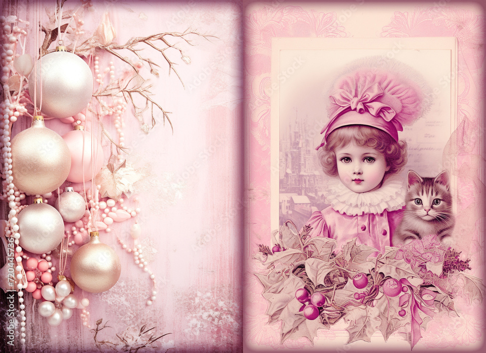 Fototapeta premium Junk journal pages, vintare retro old paper texture for scrapbooking, pink pastel colors