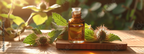 Foto jar with essential oil extract of burdock oil on a wooden background