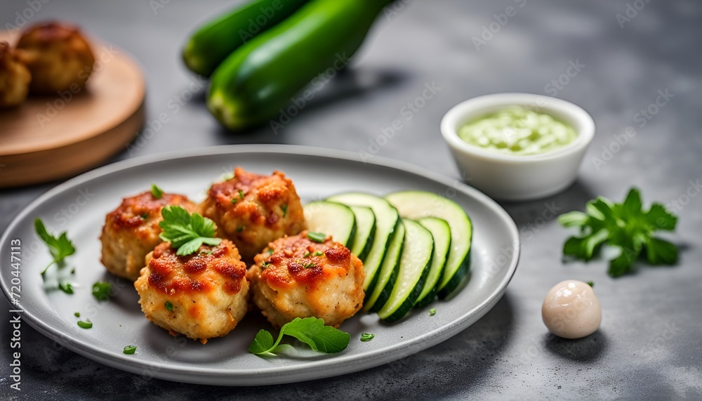 Chicken meatballs with raw zucchini in a plate on a gray concrete table. Copy space for text. Tasty and dietary food.
