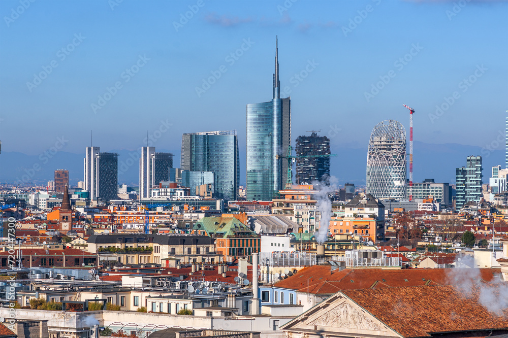 Milan, Italy cityscape with new and old architecture.