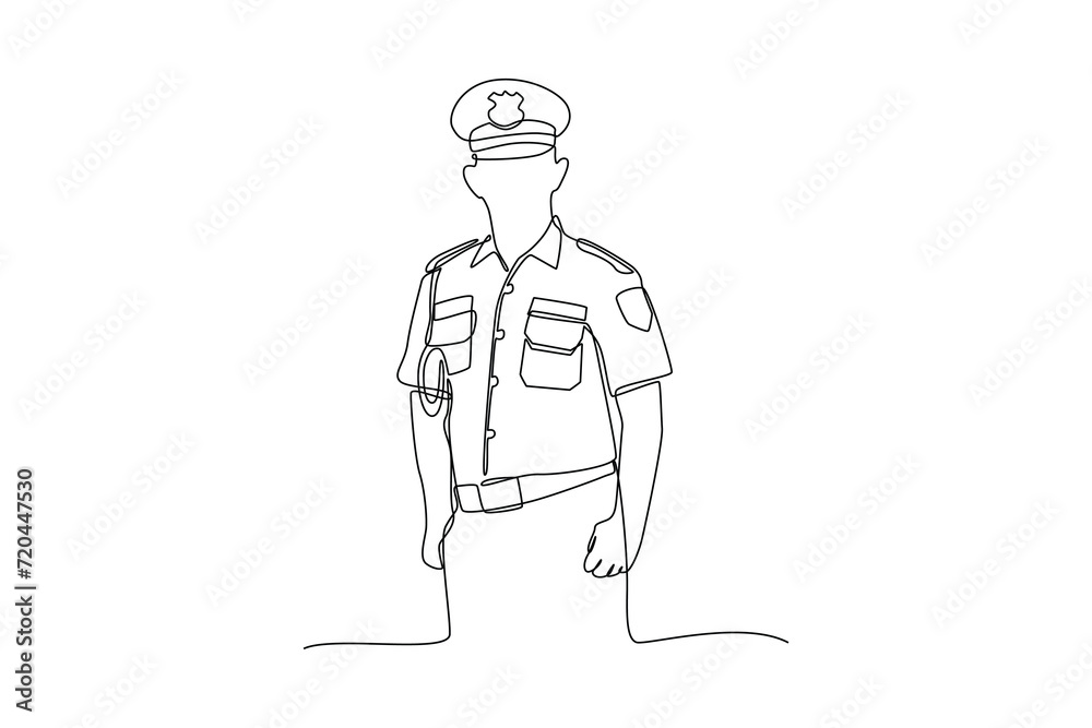 a policeman was on duty paying attention to the surrounding area . Professional work job uniform. Minimalism concept one line draw graphic design vector illustration