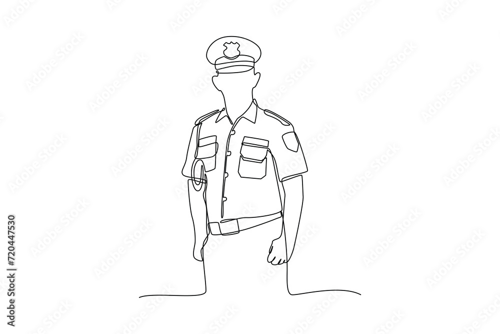 a policeman was on duty paying attention to the surrounding area . Professional work job uniform. Minimalism concept one line draw graphic design vector illustration a policeman was on duty paying attention to the surrounding area . Professional work job uniform. Minimalism concept one line draw graphic design vector illustration