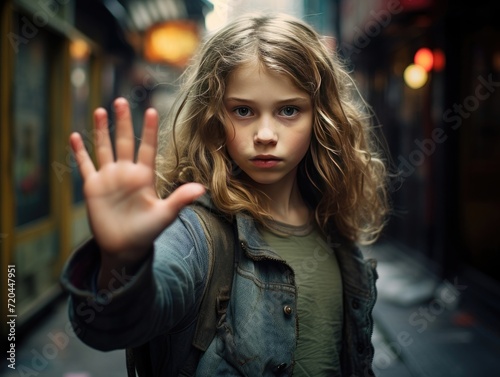 Little Girl Standing on a Street Holding Her Hand Up © Piotr