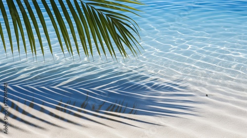 Tropical palm leaf shadow on water and white sand beach creating beautiful abstract background