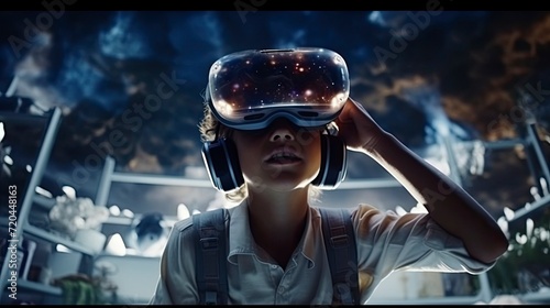 VR World Kid is captivated by a virtual cosmos, exploring galaxies with a VR headset against a backdrop of stars and planets. Generative ai  © Mina Nida