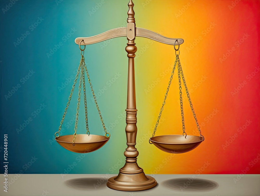 Golden Balance Scale With Rainbow Background Golden Balance Scale With Rainbow Background
