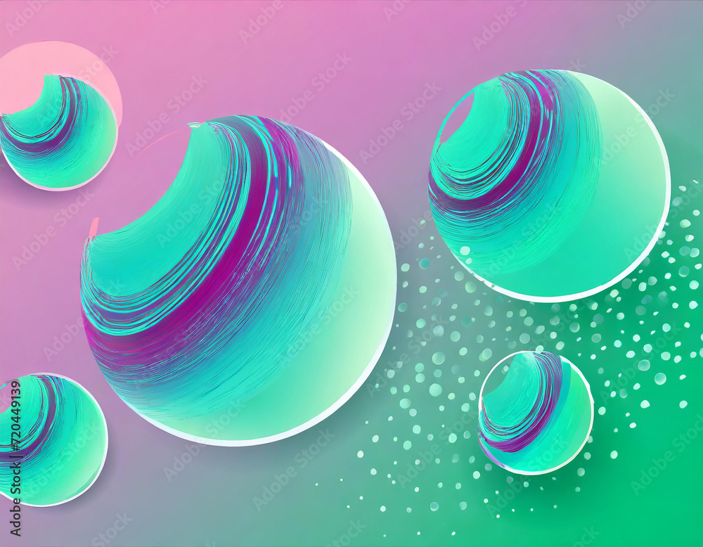 Obraz premium Set of abstract 3D liquid fluid circles in blue hologram color, pink and green background. Creative minimal bubble trendy gradient template for cover brochure, flyer, poster, banner web.