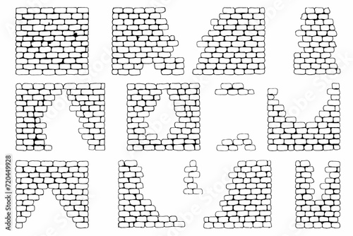 Texture of a brick wall. Hand drawn. Abstract background of white brick masonry. Running masonry. Vector illustration. Brick wall under old plaster. Pieces of a brick wall. Brickwork elements.