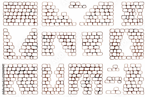 Texture of a brick wall. Hand drawn. Abstract background of white brick masonry. Running masonry. Vector illustration. Brick wall under old plaster. Pieces of a brick wall. Brickwork elements.