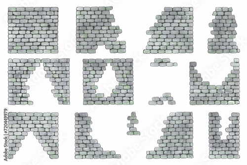Texture of a brick wall. Hand drawn. Abstract background of white brick masonry. Running masonry. Vector illustration. Brick wall under old plaster. Pieces of a brick wall. Brickwork elements.