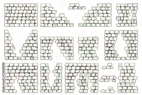 Texture of a brick wall. Hand drawn. Abstract background of white brick masonry. Running masonry. Vector illustration. Brick wall under old plaster. Pieces of a brick wall. Brickwork elements.