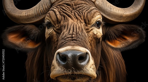 Majestic african buffalo close up portrait isolated on dark black background